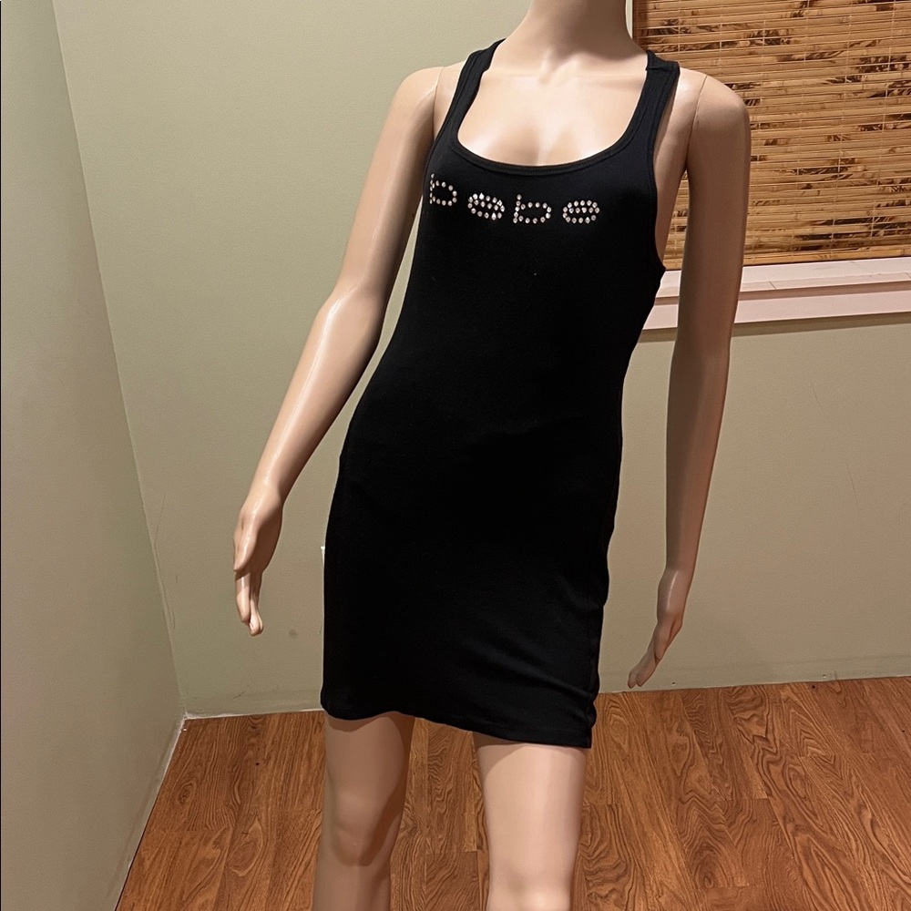 Bebe Black Tank Dress with rhinestone Logo Detail M